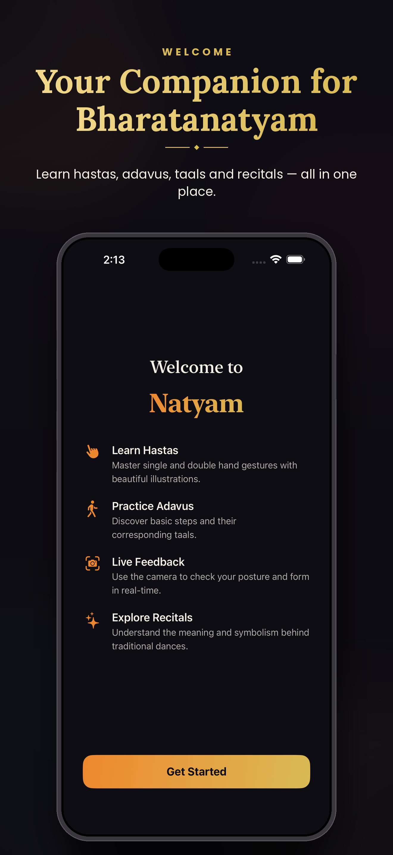 Natyam welcome screen introducing hastas, adavus, live feedback, and recitals