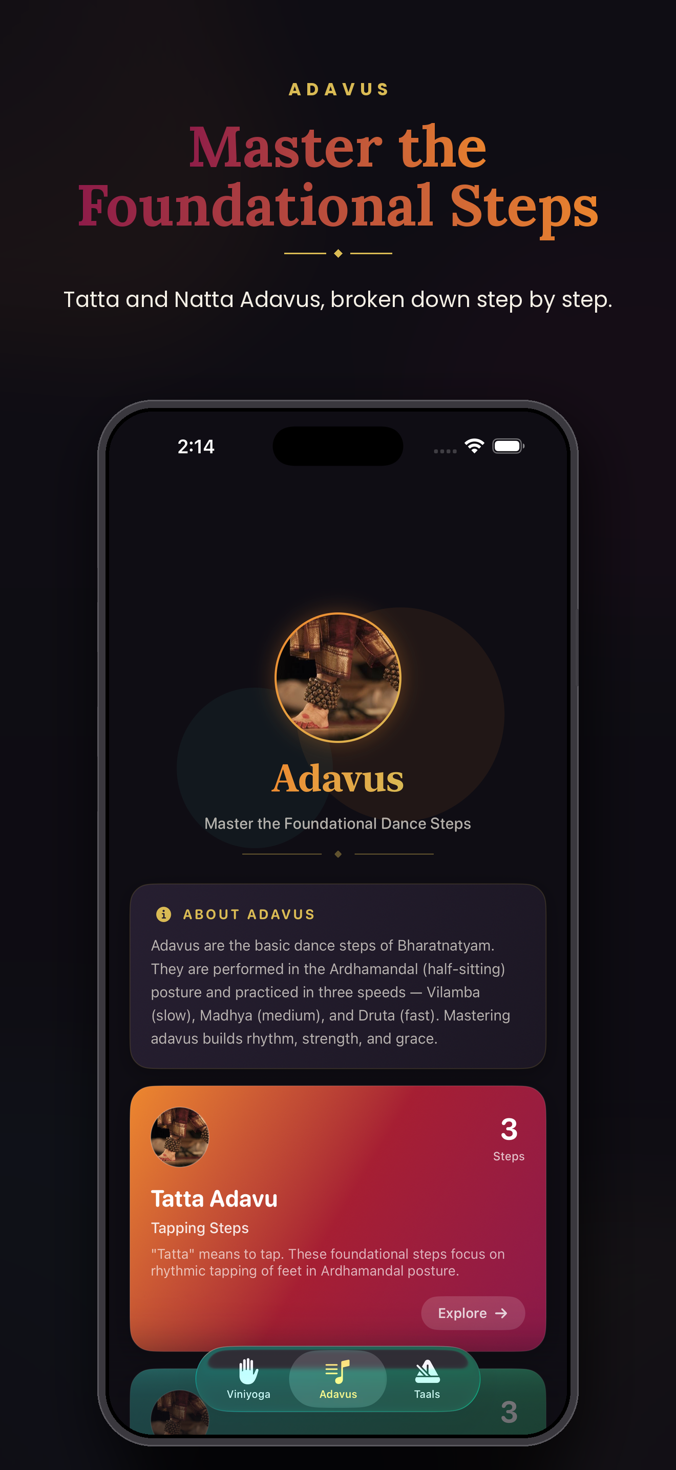 Adavus overview screen describing Tatta and Natta Adavu