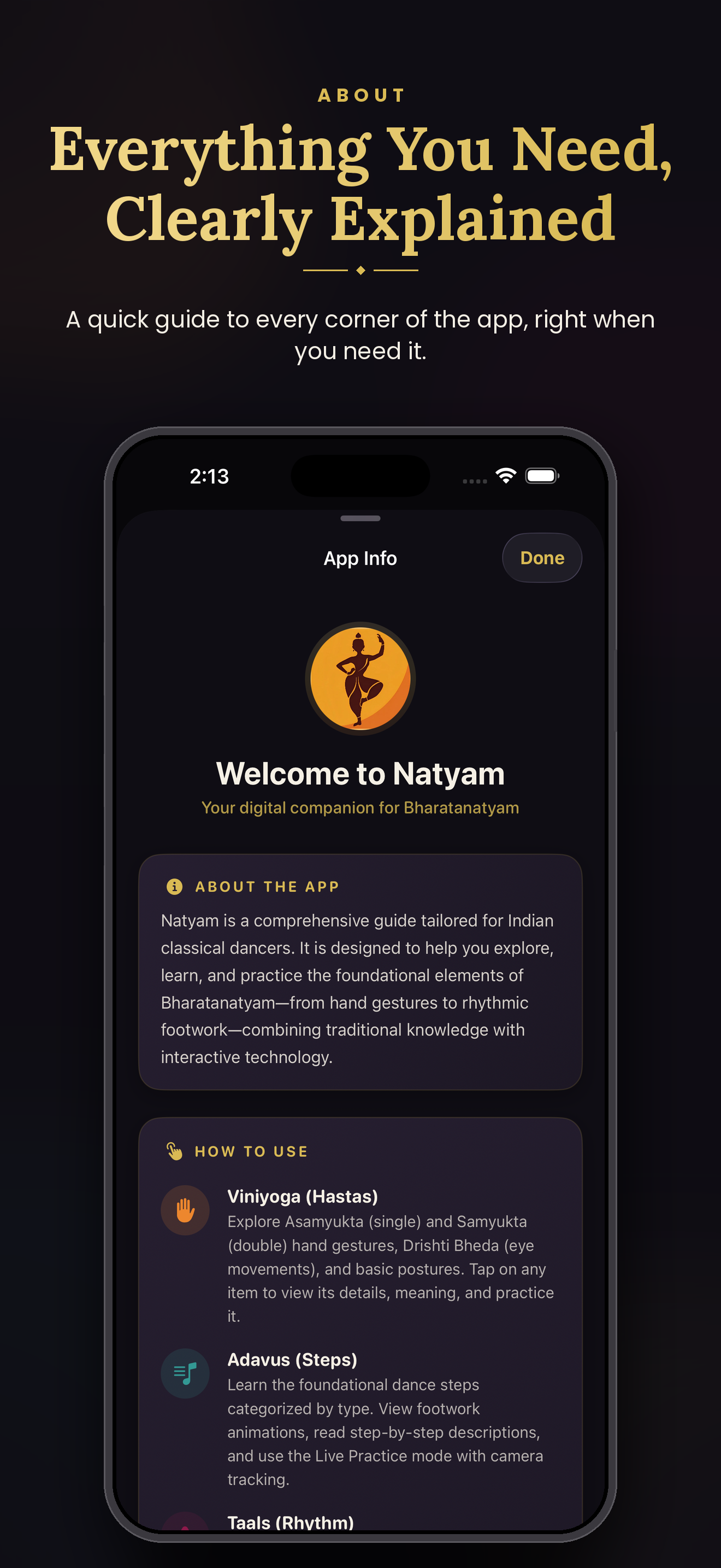 App info screen explaining how to use Natyam