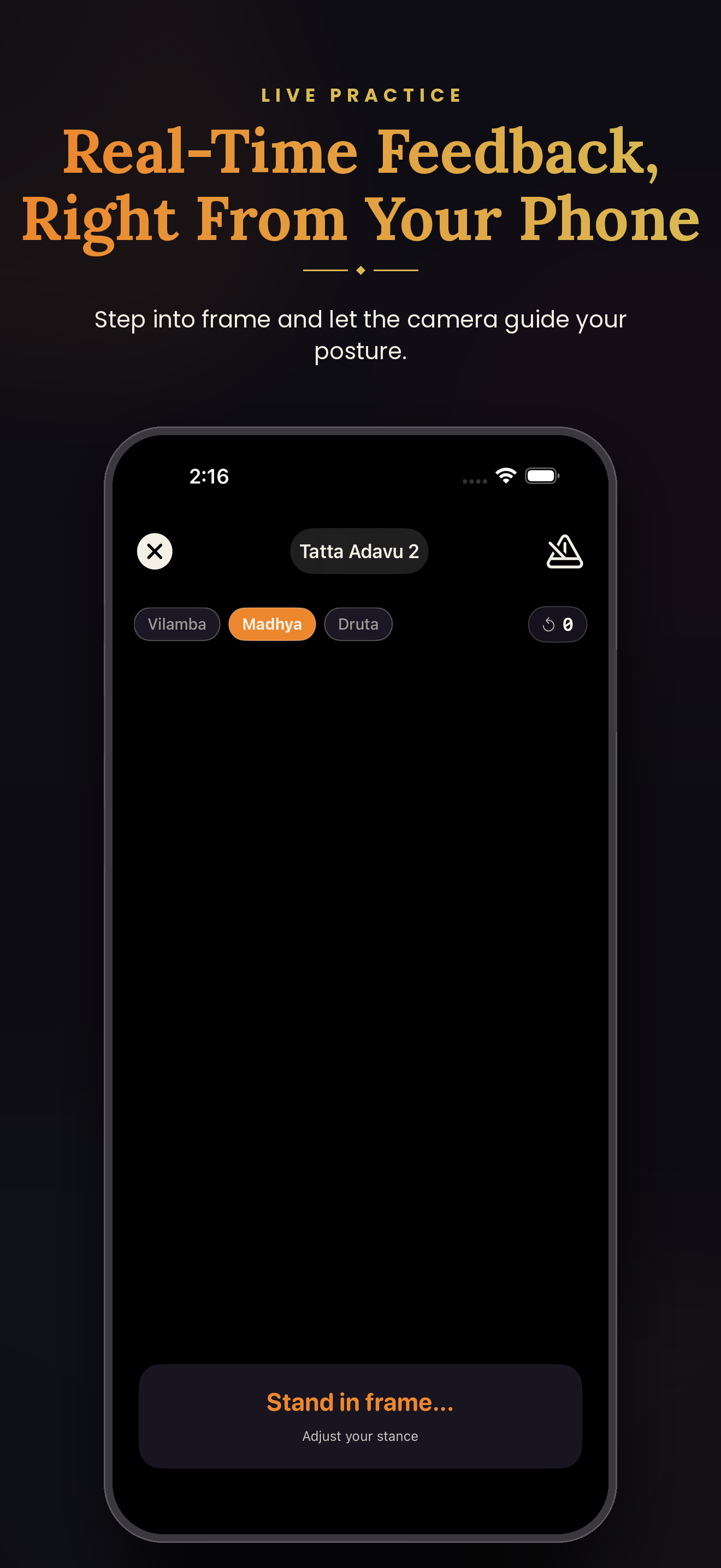Live practice screen using the camera for real-time posture feedback